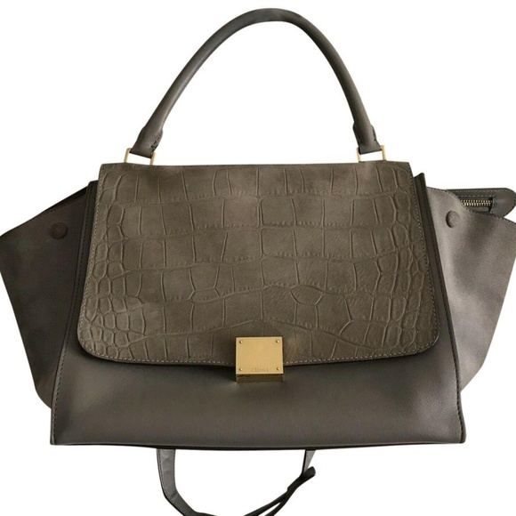 Celine Handbags - CELINE Large Grey Croc Embossed Leather Trapeze